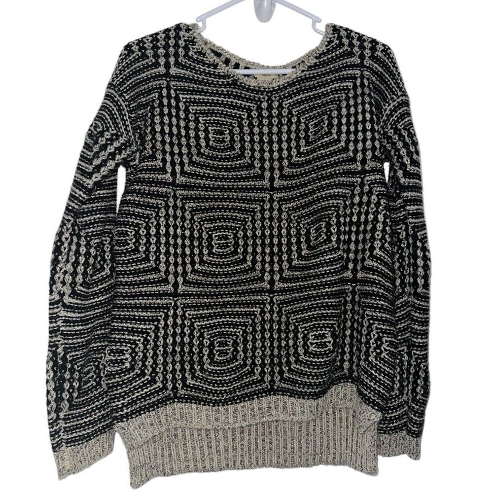 Escio Womens Sweater Sz S Acrylic Black Tan Metallic Geometric Knit